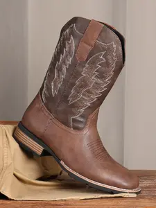 Men's Denim Boots Classic Embroidered Slip-On Square Toe Short Ankle Boots for Spring & Fall Durable Casual Footwear