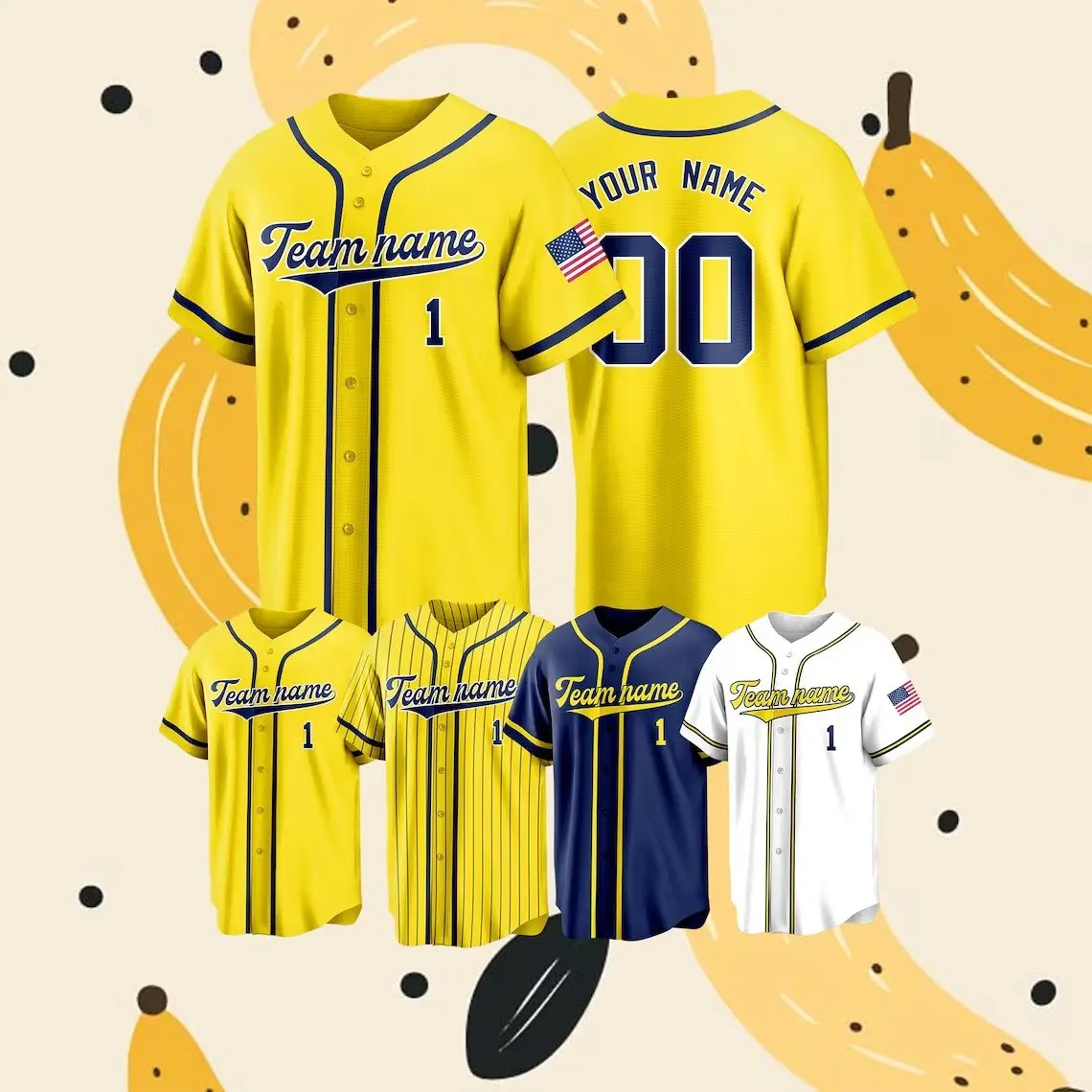 Custom Baseball Jersey, Personalized Name Number Toddler Bananas Shirt, Funny Yellow Team Uniform Gift for Boys Girls