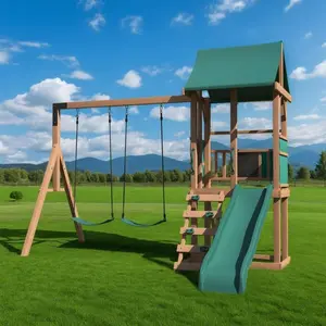 4-in-1 Backyard Playground Swing Set - Outdoor Combo with Slide, Climbing Rock Wall & Soft Cushion Swings