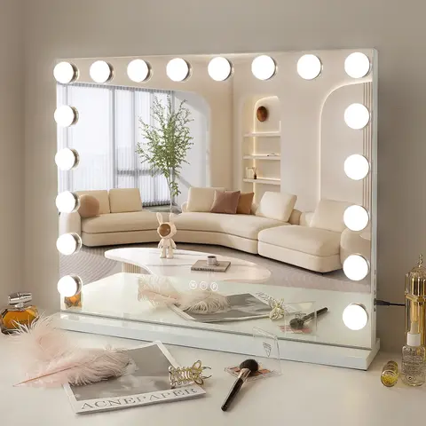 VANITII Vanity Illuminated Mirror - 32×23in, 12V, 18 LED Bulbs, USB Port, Wall Mount/Tabletop, 3-Color Smart Control, 10X Magnifying Glass, Adjustable Brightness LED Lit Interior Lighted Mirror for Home Decor