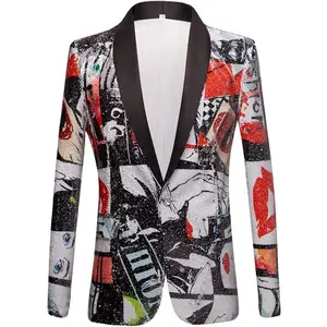 Men Fashion Pattern Shawl Lapel Sequins Blazer