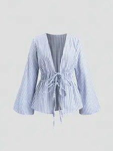 Casual Striped Belted Lantern Long Sleeve Shirt, Spring & Fall Fashion Top, Slim-Fitting Bow Tie Stripe Blouse, Women's Clothing