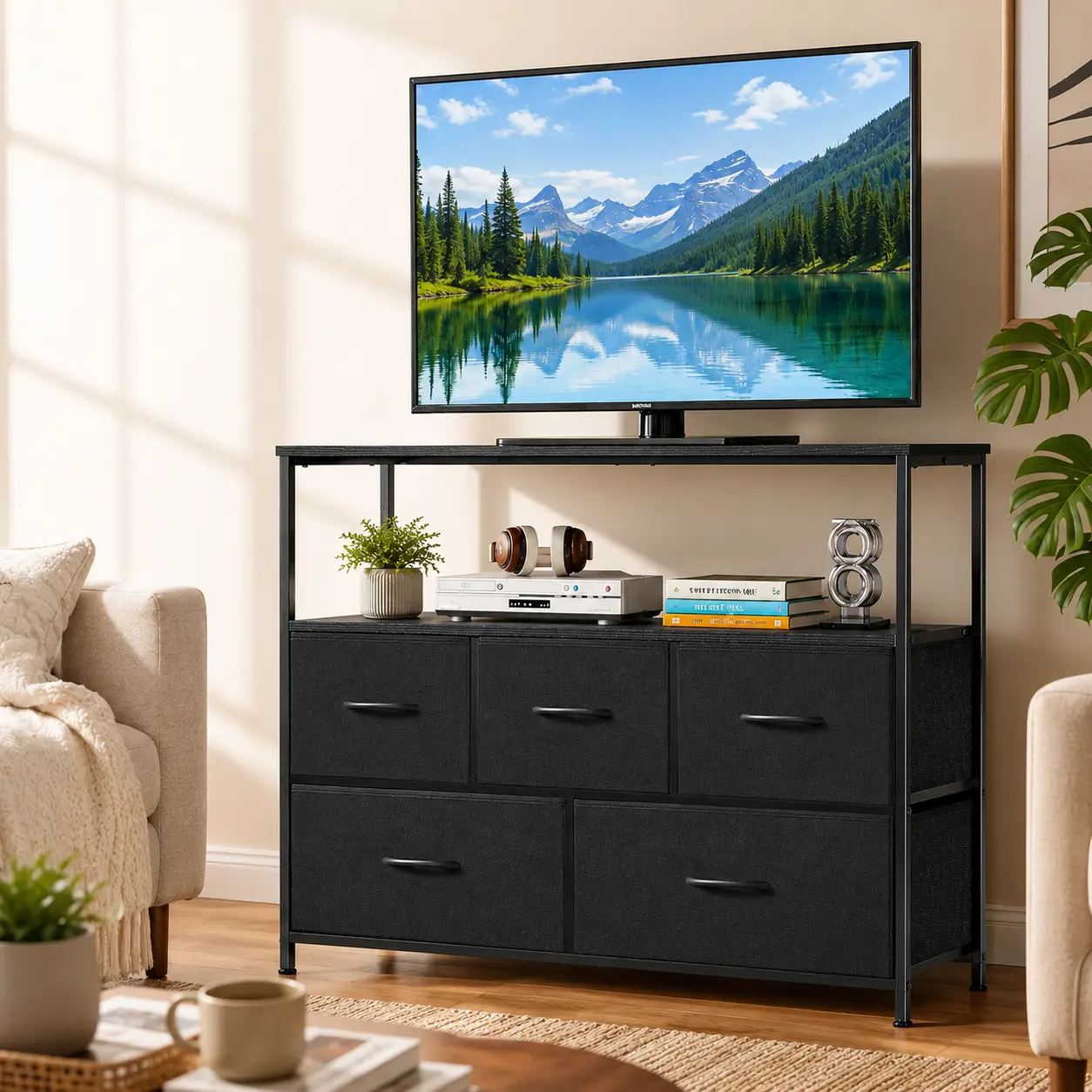 5-Drawer TV Stand for 45 Inch TV – Entertainment Center with Fabric Storage Drawers & Open Shelves | Small Space Media Console for Bedroom, Apartment & Living Room | Modern TV Table