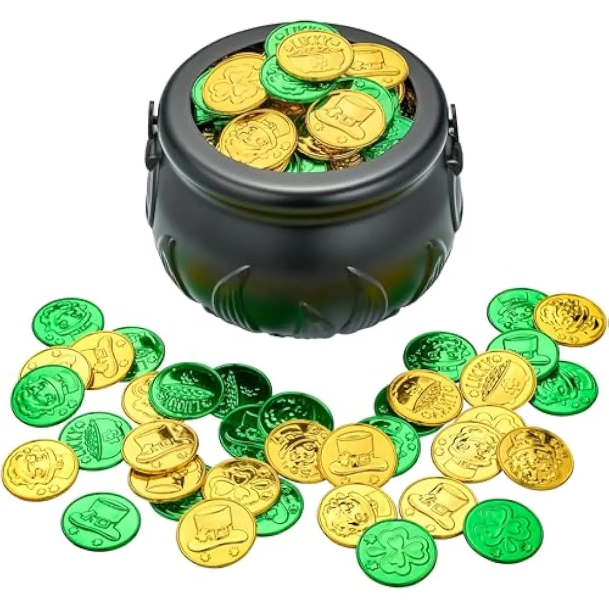 208 St Patricks Day Lucky Leprechaun Plastic Coins and 1 Large Black Cauldron with Handle Pot of Gold Party Supplies, St Patrick Decorations Party Favors