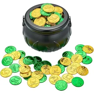 208 St Patricks Day Lucky Leprechaun Plastic Coins and 1 Large Black Cauldron with Handle Pot of Gold Party Supplies, St Patrick Decorations Party Favors