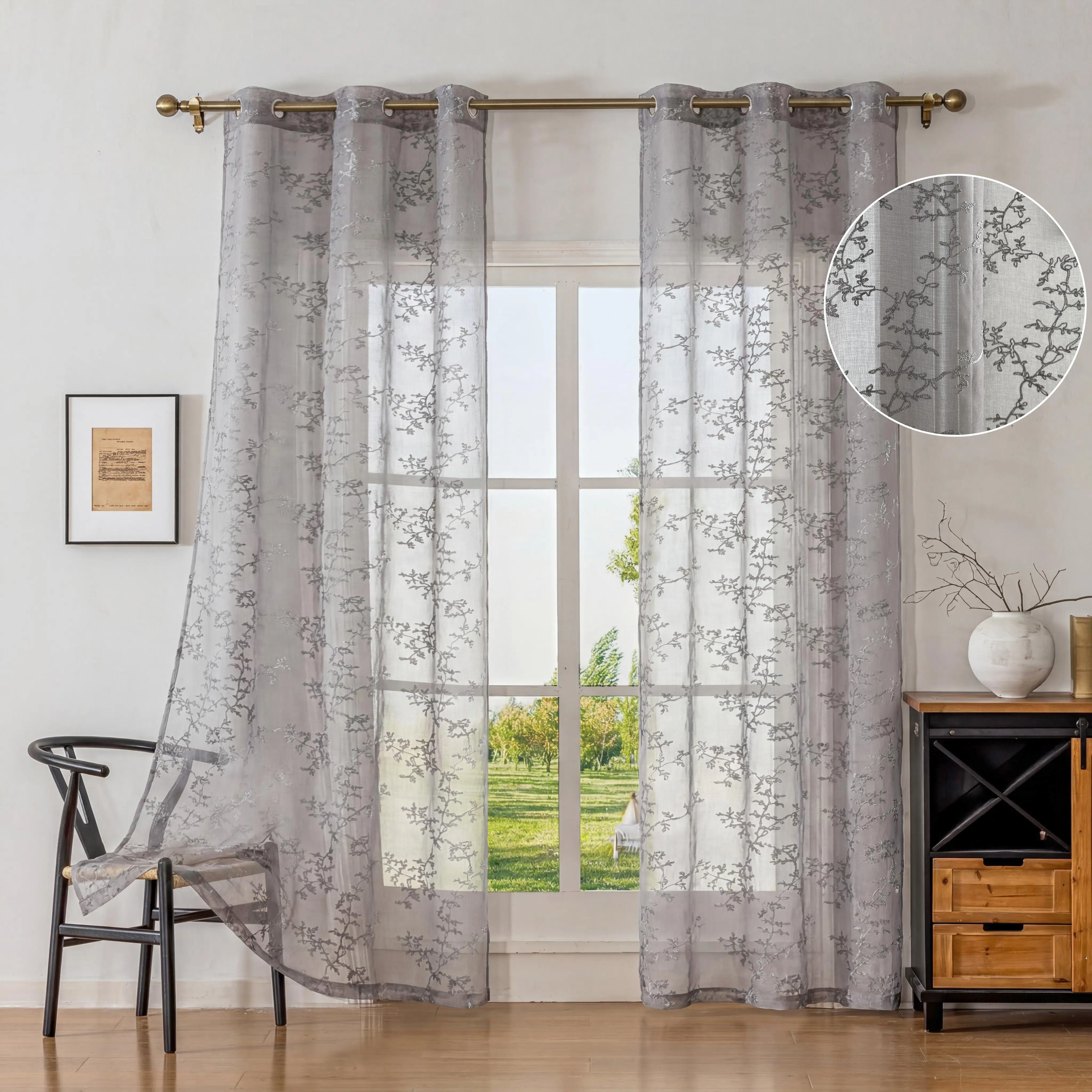 4 Pcs 36x95 in Durable Macrame Embroidery Linen-Blend Curtain Panels, Classic European Floral Drapes with Grommet, Breathable Anti-Shrink Home Decor for Bedroom (#summervibes, Hang Dry Compatible)