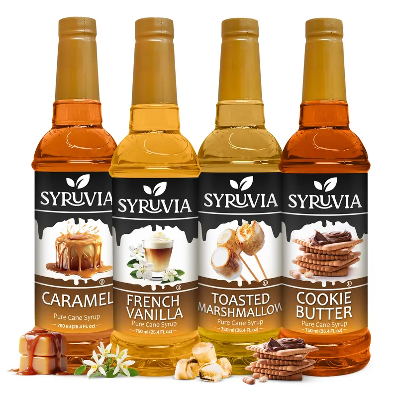 Syruvia Coffee Syrup Variety Pack – Caramel, French Vanilla, Toasted Marshmallow & Cookie Butter – Perfect for Coffee, Lattes, Iced Coffee & More – 25.4 Fl oz Bottles (4 Pack)