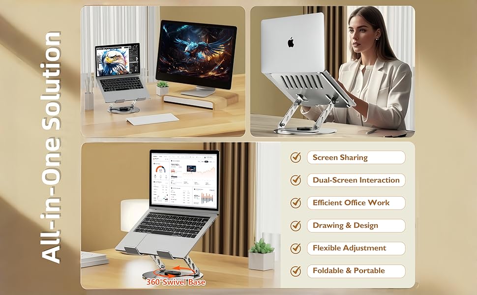 Adjustable Laptop Stand for Desk, 360 Degree Swivel Aluminum Laptop Riser, Foldable Ergonomic Notebook Holder with Ventilated Cooling Design, Heavy Duty Computer Stand Fits 10-17.3 Inch Laptops for Home Office, Gaming, Work from Home