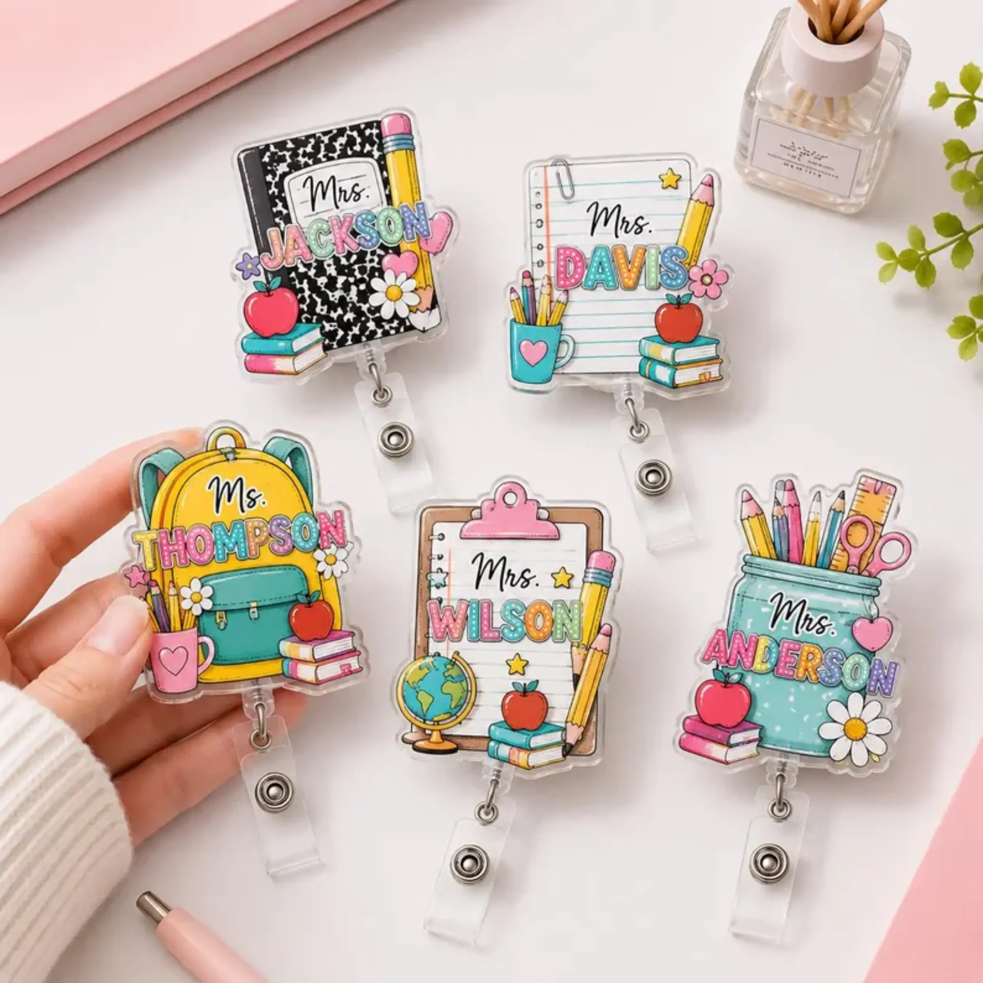 Custom Teacher Badge Reel, Personalized Teacher Gift, Retractable ID Holder, Acrylic Back to School Name Tag Clip, Appreciation Gift