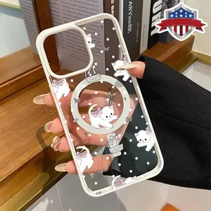 Cut elittle white cat Pattern Magnetic Phone Case Supports Wireless Charging for iPhone 17 15 16 14 Pro Max 13 12 11 AIR XR XS Plus E Shockproof Non Slip Protection Silicone Transparent Acrylic Cover Cellphone Protective