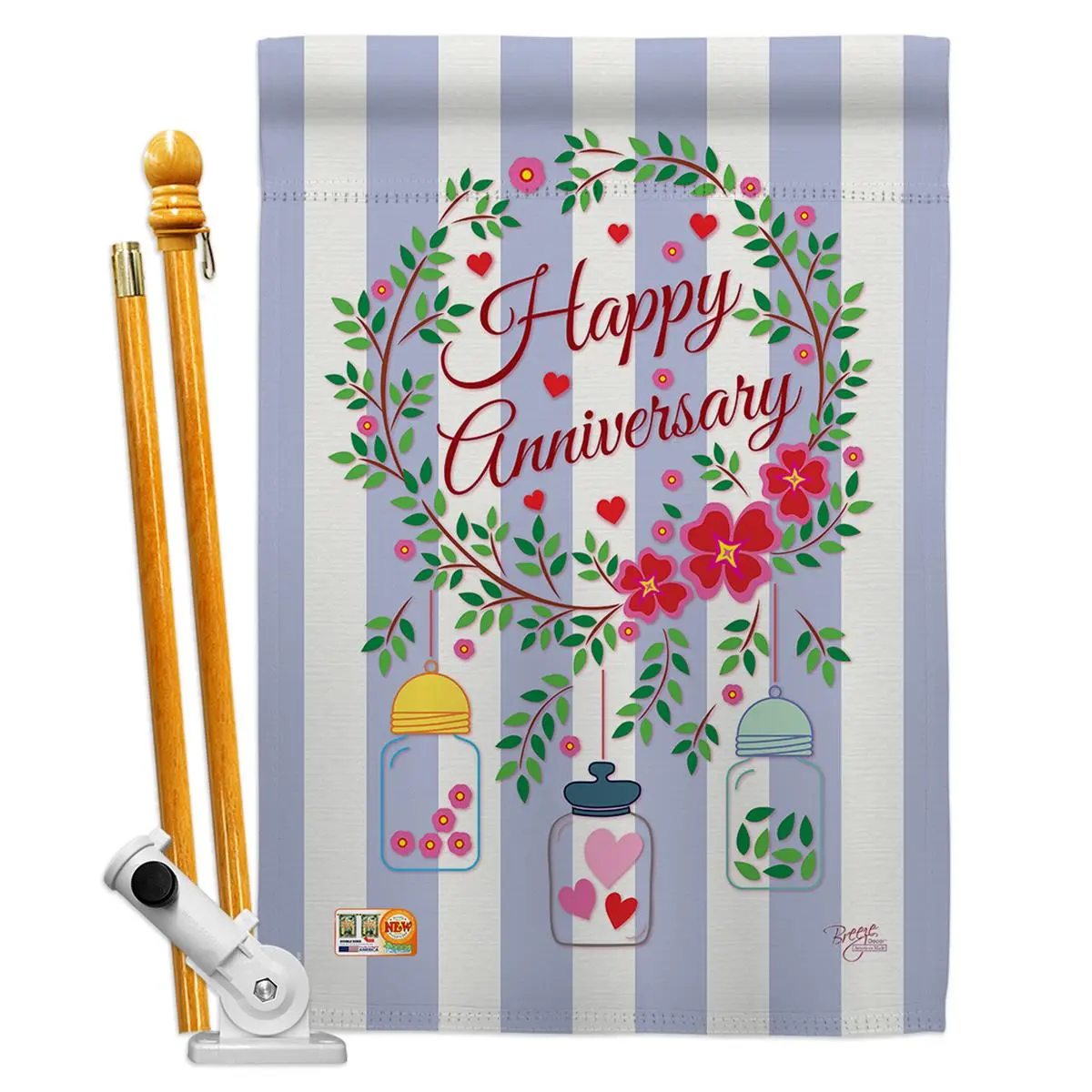 Breeze Decor BD-FY-HS-115103-IP-BO-D-US15-BD 28x40in Vertical Double-Sided Wood Print House Flag Set with Pole Bracket, Hardware - Hanging Wall Decoration for Happy Anniversary Special Occasion