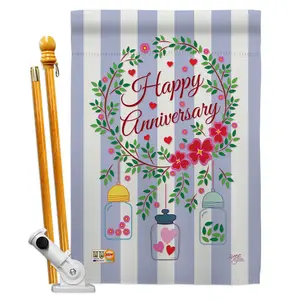 Breeze Decor BD-FY-HS-115103-IP-BO-D-US15-BD 28x40in Vertical Double-Sided Wood Print House Flag Set with Pole Bracket, Hardware - Hanging Wall Decoration for Happy Anniversary Special Occasion