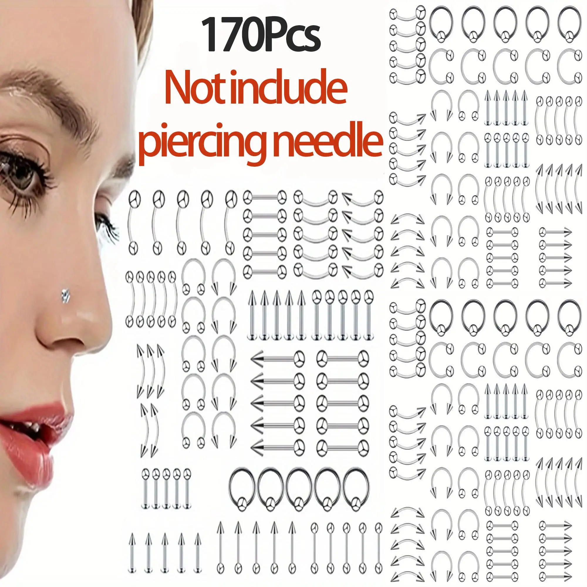 170PCS Piercing Kit Jewelry Stainless Steel Lip Nose Tongue Tragus Cartilage Daith Eeybrow Belly Button Rings Body Piercing Tools（Not include piercing needle !!! ）