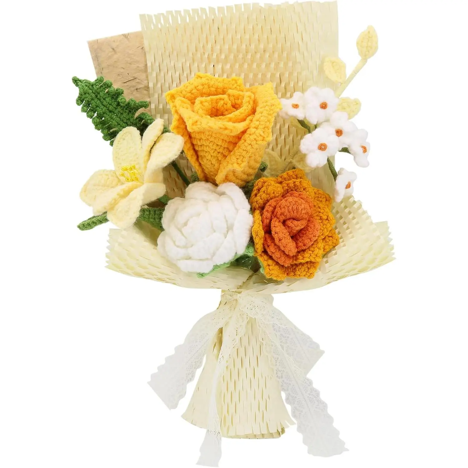 Crochet Flowers Crochet Bouquet Handmade Crochet Rose Bell Orchid Suitable Tulip Fern Leaf as a Gift for Lover, Family,Friends.Artificial Flower Finished Bouquet (Yellow)