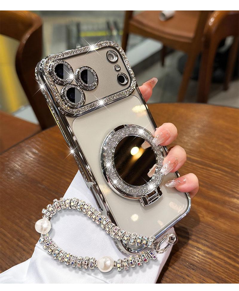 Phone Case with Mirror & Stand for iPhone 12/13/14/15/16/17 Pro Max,17Air,14/15/16 Plus. Features a shiny frame, high-definition transparent material, and full-body drop-resistant design.