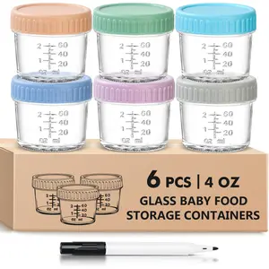 6 Pack Glass Baby Food Storage Containers - 4 Oz Baby Food Jars with Lids Baby Food Maker Microwave Dishwasher Freezer Safe 100% Leak Proof BPA Free Reusable