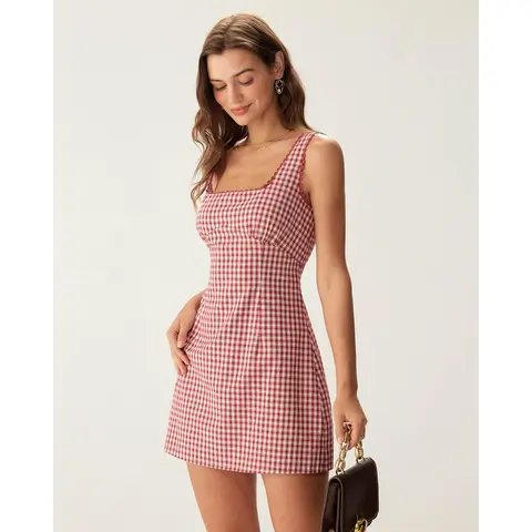 Rihoas Women's A-Line Checked Square Neck Fitted Sleeveless Polyester-Eco-Friendly Cotton Floral Slip Mini Dress - Casual Wear, Comfortable Daily Feminine Effortless Outfit
