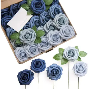 Artificial Flowers, 50Pcs 3" Roses in Dusty Blue Shades, Realistic DIY Foam Floral Decor for Wedding Bouquets/Centerpieces, Outdoor Party Backdrops, Room/Table, Garden/Pot Decorations