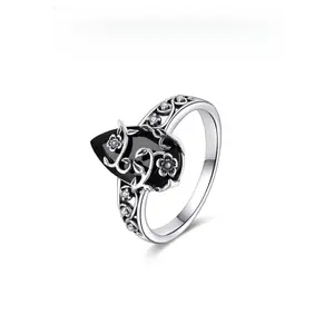 PAVODD S925 Sterling SilverSilver Obsidian Ring with Floral Pattern Design, Synthetic Black Onyx and Flower Ring, Elegant Vintage, Hollow-out Flower Cubic Zircon Adjustable Size for Women