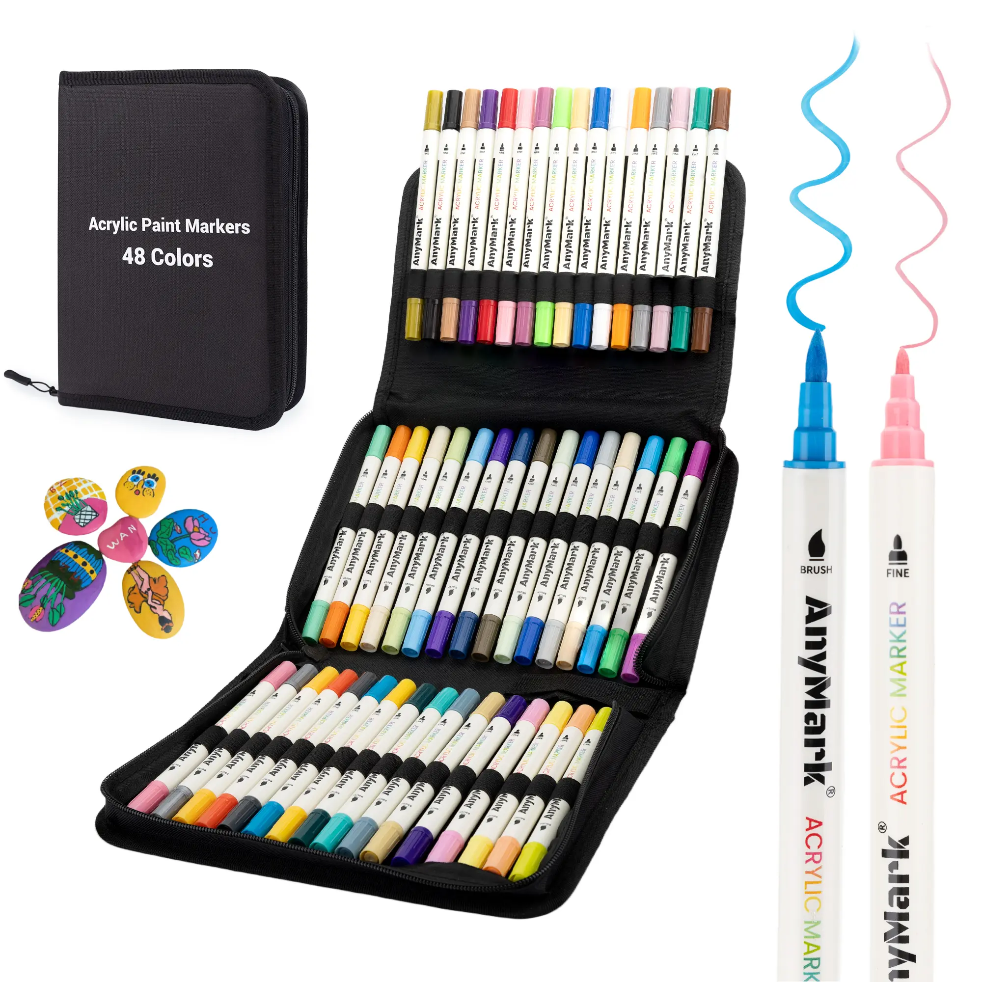 AnyMark Acrylic Paint Markers, Dual Tip Acrylic Paint Pens with Brush & Fine Tip, Premium Paint Markers for Coloring, Canvas, wood, Stone, Rock Painting, Glass