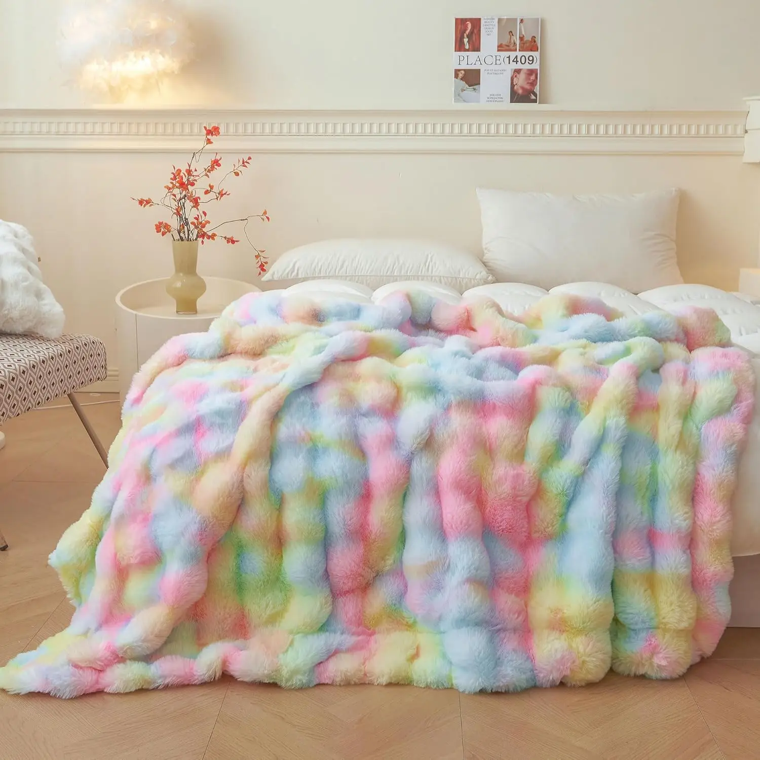 Fluffy Faux   Bubble Blanket, Tie Dye Plush Shaggy Throw Couch Sofa, Cozy Comfy Furry Big Bed Blanket Adults  Girls, Aesthetic Fuzzy Throw for Bedroom Living Room, 60x90, Rainbow