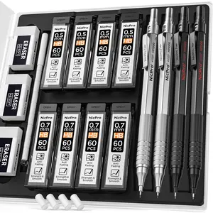 Nicpro Metal Mechanical Pencil Set 0.5 mm & 0.7mm with Case, Artist Pencil MP1000 with HB & 2B Lead Refill, Eraser, Eraser Refill For Art Writing Drafting Drawing, Black & Silver