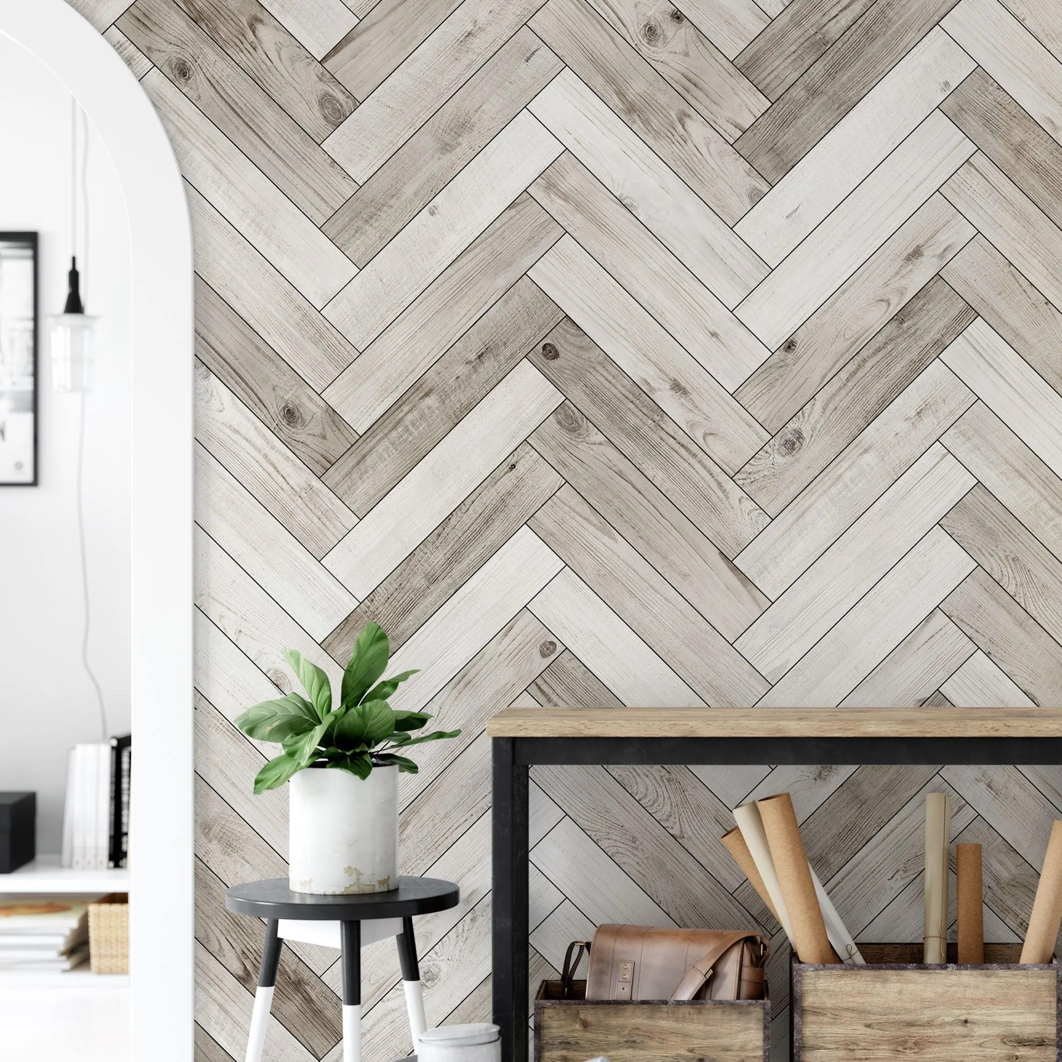Herringbone Whitewashed Barn Wood Planks Peel-and-Stick Mural Wallpaper, Renter-Friendly Accent Wall Art for Any Room