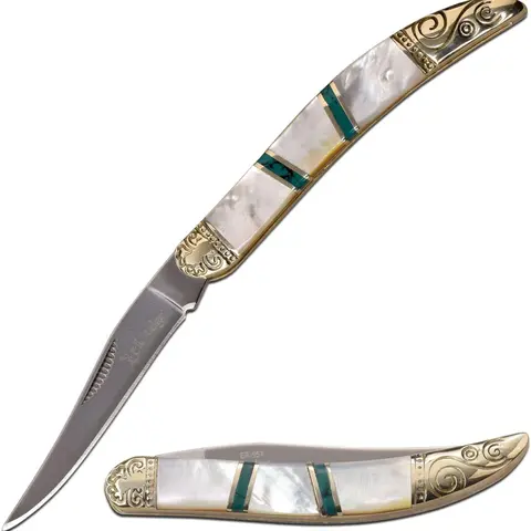 Elk Ridge ER-952 Compact EDC Pocket Knife - Gentlemen's Manual-Retractable Toothpick Knife with Mother of Pearl, Stone Inlays, Etched Nickel Silver Bolsters, Stainless Steel for Camping, Hunting
