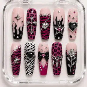 Punk Rock Press On Nails | Leopard, Zebra, Cross & Heart Charms | Goth Statement Nail Set