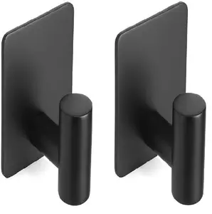 Adhesive Towel Hooks, Heavy Duty Stick on Towel Hooks for Bathrooms Wall Waterproof Adhesive Shower Hooks for Hanging Loofah, Clothes, Robes(Matte Black 2 Pcs)