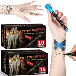 Temporary Tattoo Markers for Skin, 10/15-Count Body Markers 10/15Colors Tattoo Pens,Flexible Brush Tip, Bright colors, Face Paint Kit Cosmetic Quality,Christmas gifts, Body Art
