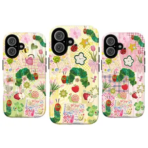 Cute Caterpillar Collage Phone Case for iPhone 7, 8, XS, 11, 12, 13, 14, 15, 16, 17 – Whimsical Pastel Floral Patchwork Design, Kawaii Fruit Snail Ladybug Art, Whimsical Animals – Colorful Vintage Aesthetic, Gift for Her & Him