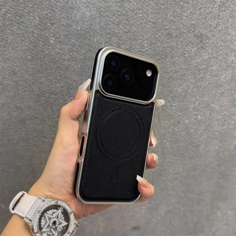 Luxury Leather Magnetic Phone Case for iPhone 17/16/15 Pro Max - Plated Frame, MagSafe Charge, Shockproof Protection Casing, Premium Mobile Phone Accessories, Smartphone