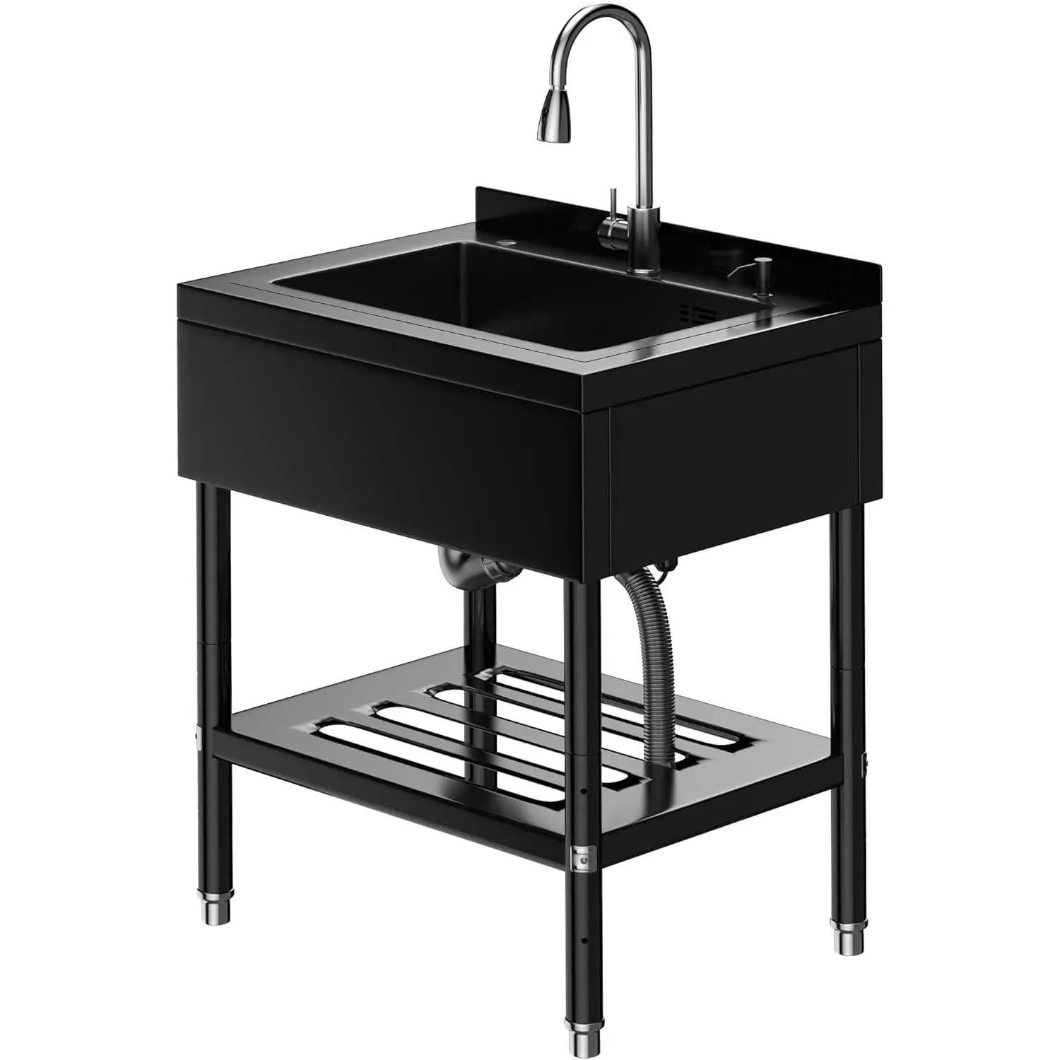 Stainless Steel Sink, 65 x 50 x 100 cm, Freestanding Kitchen Sink, 1 Basin, Commercial Sink with Tap Cold and Hot Water Hoses, for Laundry Room, Outdoor Kitchen, Gastro, Shop, Restaurant,Black