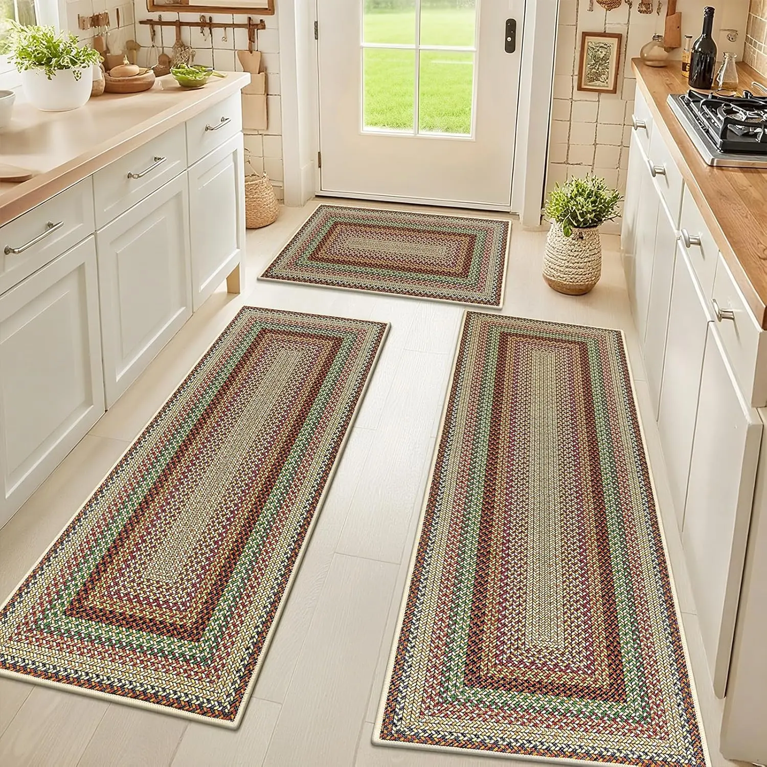 HEBEMAT Washable Kitchen Rugs Sets of 3, Non Slip Absorbent Kitchen Rugs and Mats, Farmhouse Stain Resistant Kitchen Mat Carpet Runner for Kitchen Floor, Laundry Room, Hallway