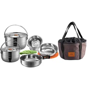 Camping Cookware Set Stainless Steel Outdoor Nesting Cooking Mess Kit Pots Pans Bowls with Storage Carrying Tote Bag