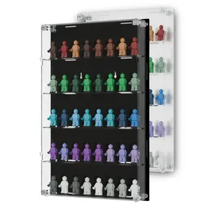 Acrylic Minifigure Display Case - Wall Mount Mini Figure Storage Shelves Racks with Black Background - Holds 40 Tall Minifigs - Room Organiser for Large Minifigures - Stands & Extra Accessories