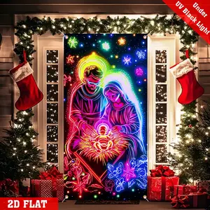 Christmas Door Cover Party Banner, UV Activated Glow In The Dark with The Scene Of Jesus' Birth, Poinsettias, And The Starry Sky Design Polyester Front Door Porch Sign Hanging Banner for Outdoor Indoor New Year Holiday Decor Wall Hanging Backdrop