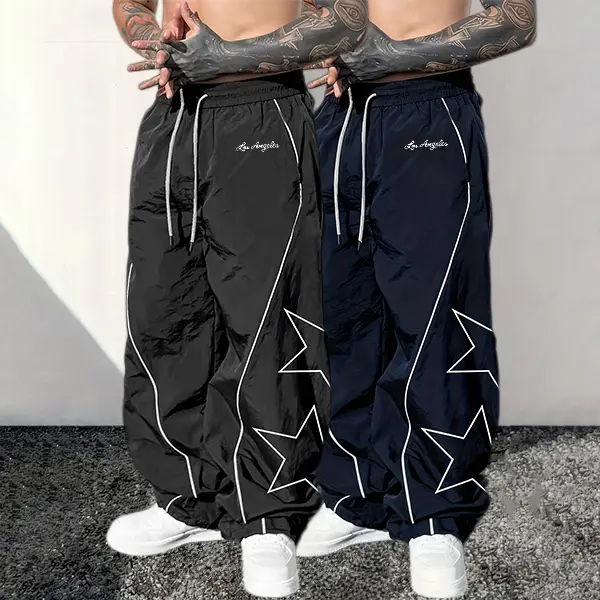 Men's Track Pants 2-Pack, Retro Star Print Loose Fit Long Activewear, Silky Smooth Nylon Streetwear with Embroidered Details, Menswear