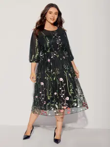 【Summer Turn-Up】【Work to Weekend】 Bloomchic Floral Embroidered Elastic Waist Lined Midi Dress with Lantern Sleeves Round Neck Summer Cocktail Style Black for Women Casual 【Boho】 Bohemian 2026 Summer Pick for Mother's Day