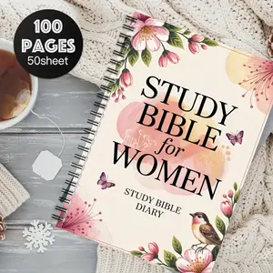 Women's Bible Study Diary Notebook Planner, Spiral Bound Christian Prayer Journal, Floral Design, Light Background, Religious Gift