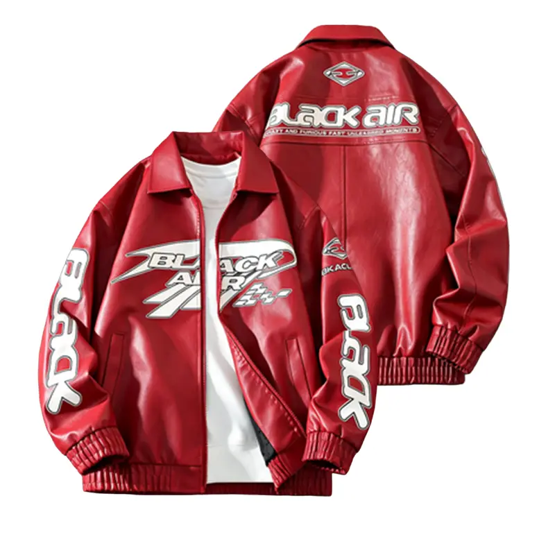 Men’s vintage racing PU leather jacket, air embroidery turn-down collar zip motorcycle outerwear, loose street-style autumn/winter windproof outer layer