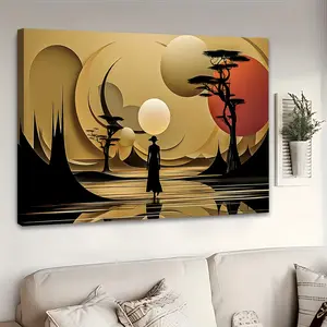 1-Piece Extra-Large Canvas Wall Art with Wooden Frame — Futuristic Landscape Print, Flowing Silhouette Art, Abstract African Style, Gold Tones, Serene & Peaceful — Wrapped Canvas, Ready to Hang