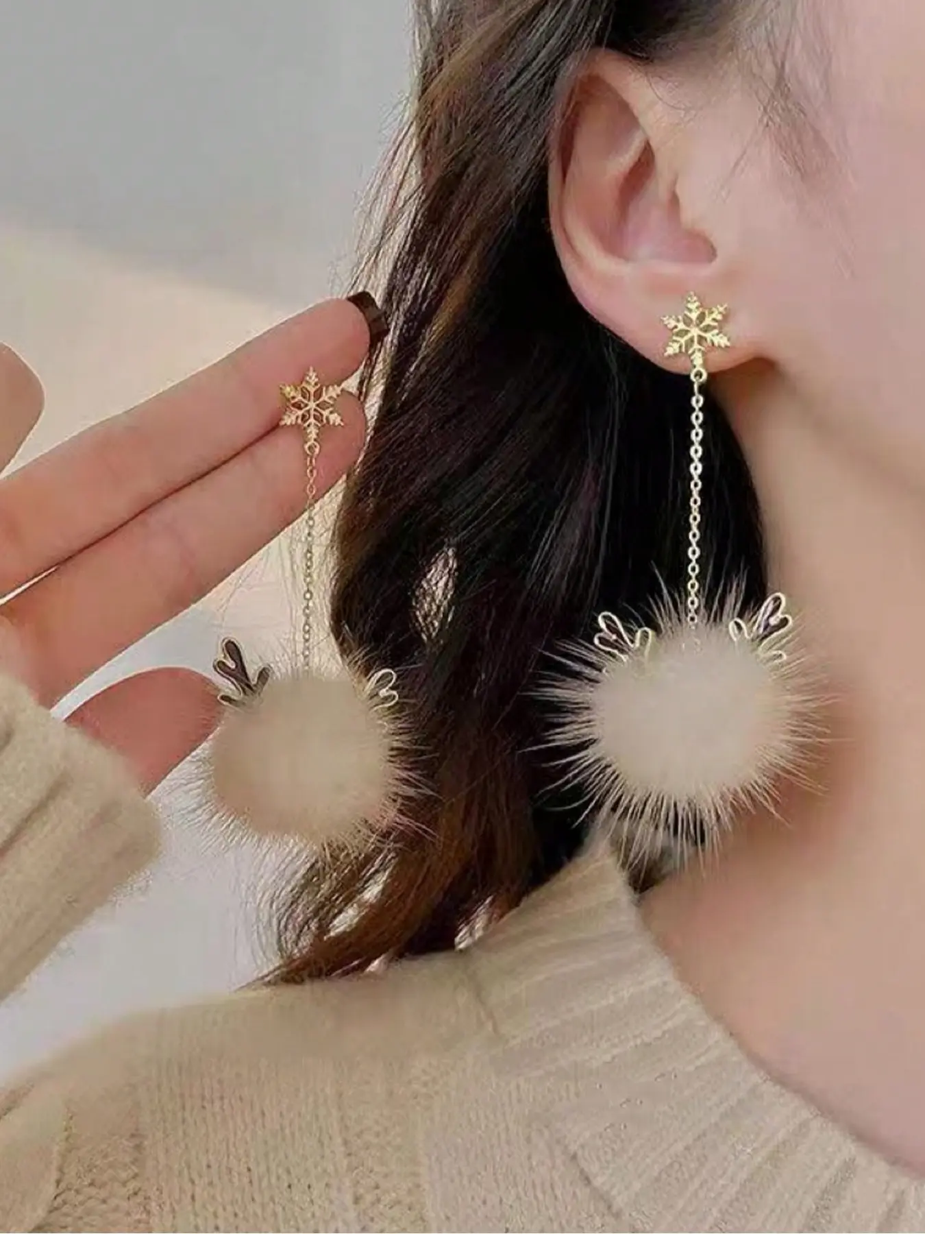 Cute Christmas Deer Faux Fur Ball Fringe Earrings Set, Perfect Gift for Women & Girls, Ideal for Any Occasion