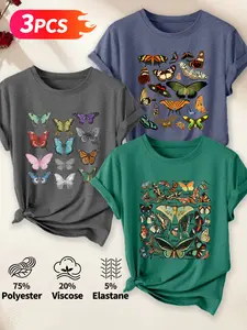 Women's 3-Pack Casual Fitted Short Sleeve T-Shirt, Colorful Butterfly Collection & Retro Butterfly Print Set, Multiple Colors, Machine Washable, Spring & Summer Tops, Soft Skin-Friendly Fabric, Daily Wear, Fashion Design