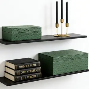 CHANG SONG Decorative Storage Boxes Set of 2 Faux Ostrich Leather Decorative Boxes with Lids Large Nesting Jewelry Boxes, Photo Memory Box Modern Home Decor（Forest Green）
