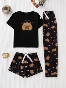 Women's Cartoon Capybara Print Sleepwear Loungewear Set, Casual Fitted Three-Piece Pajamas, All Seasons Comfortable Nightwear, Pajama Shorts