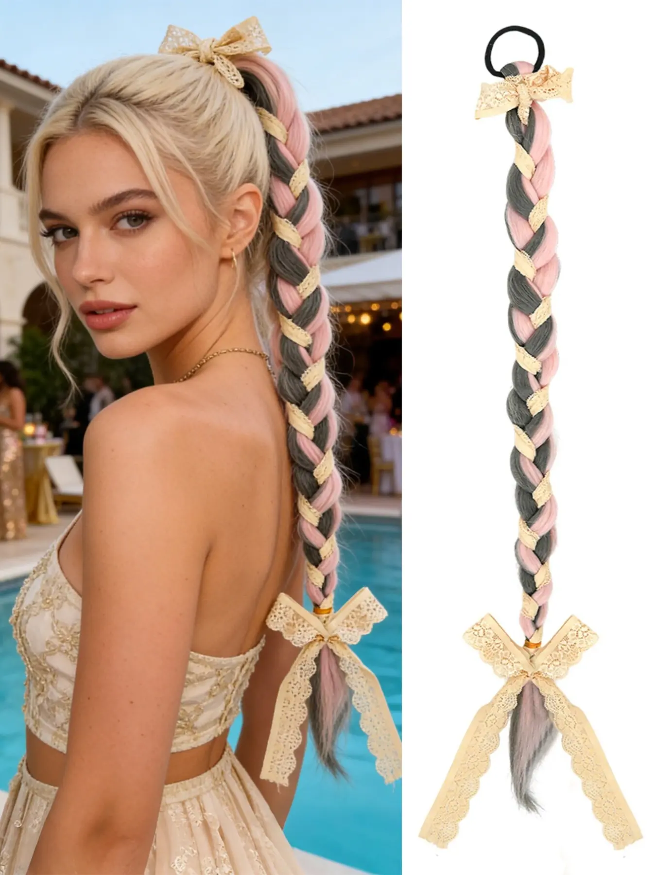 Braided Ponytail Extension with Lace Bow, Ombre, Synthetic Hairpiece, K-Pop Y2K Style, Halloween Cosplay, Easy Install