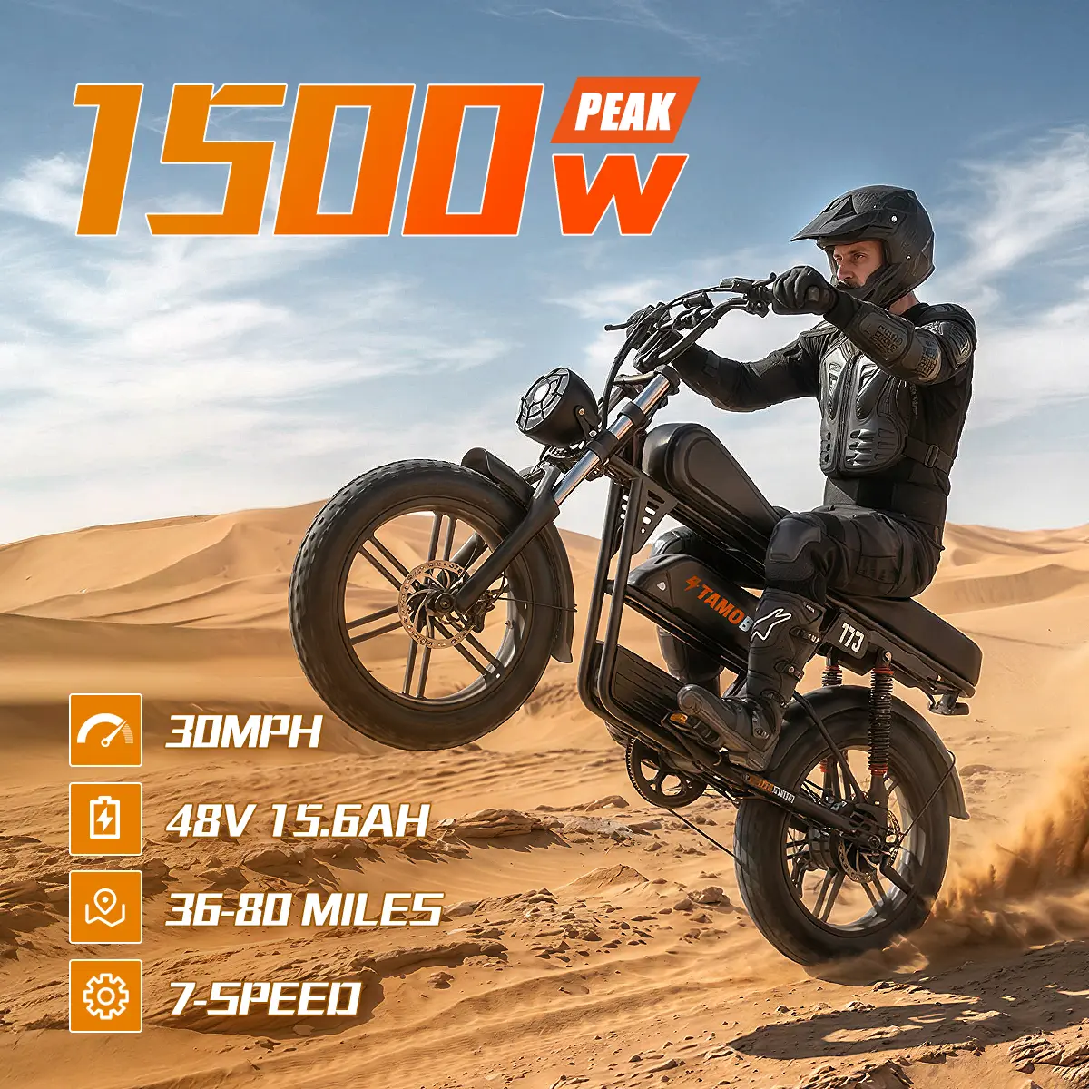 Tamobyke T73/T73 Max Electric Bike for Adults,1500W/2000W Motor,30/33MPH 36-80 Miles,48V15.6/36 AH Dual Batter Electric Bikes,20 * 4 Fat Tire Ebike Hydraulic Brake Full Suspension Off-Road Riding