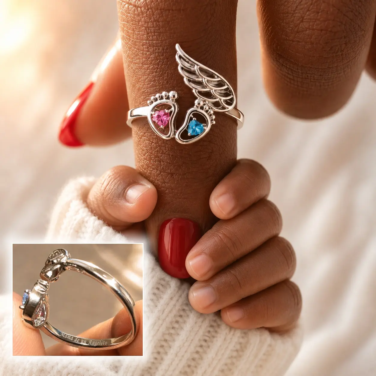 Serelune Jewelry B Angel Baby Memorial Ring for Mom, Pregnancy Loss Remembrance Gift, Miscarriage Sympathy Jewelry, Pink & Blue Baby Footprint Wings Ring, Adjustable Open Band, Rainbow Baby Keepsake Memory Gift for Women